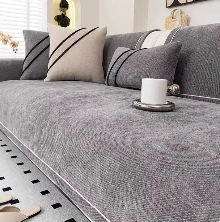 Housse de canapé légère en chenille couleur gris foncé – protection antidérapante et lavable
