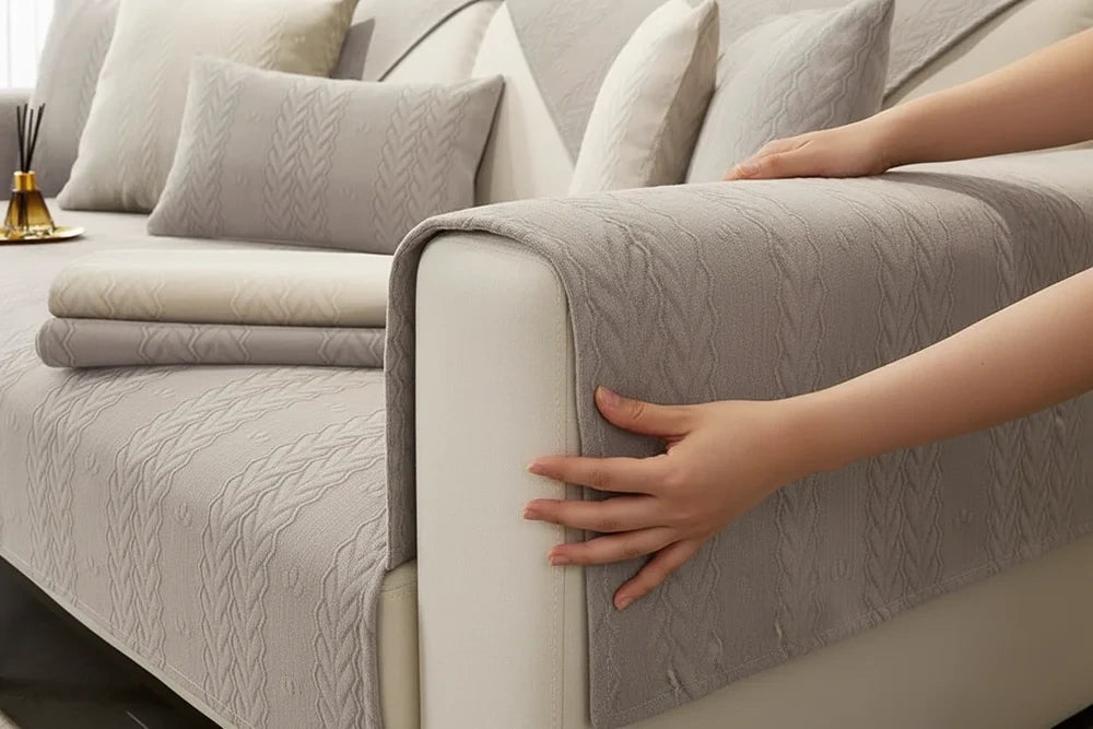 mains ajustant la housse de canapé de l'accoudoir en chenille gris 