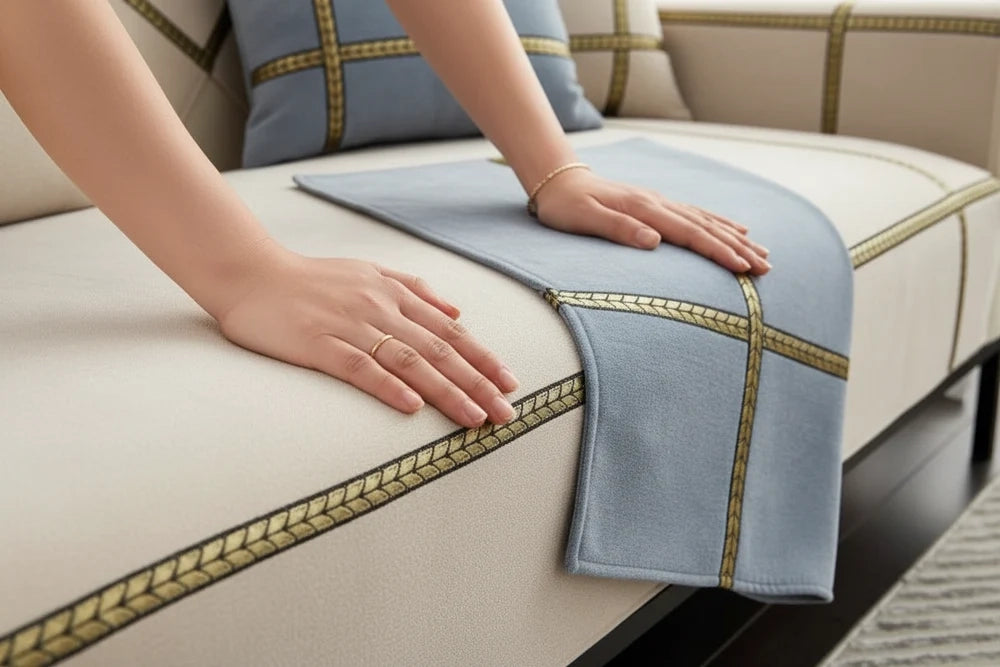 mains installant la housse de canapé en chenille brodée blanc