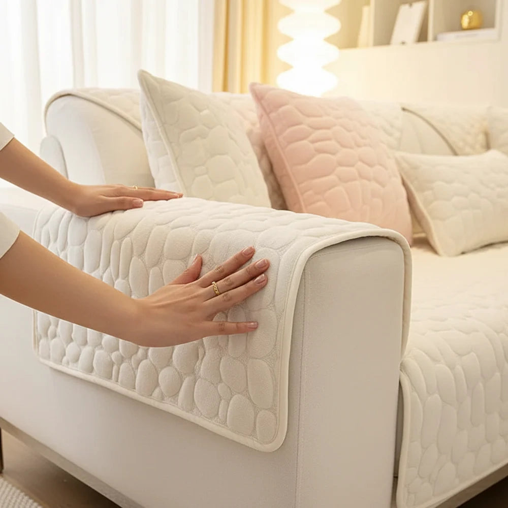 des mains replace la housse de canapé en velours d'hiver 