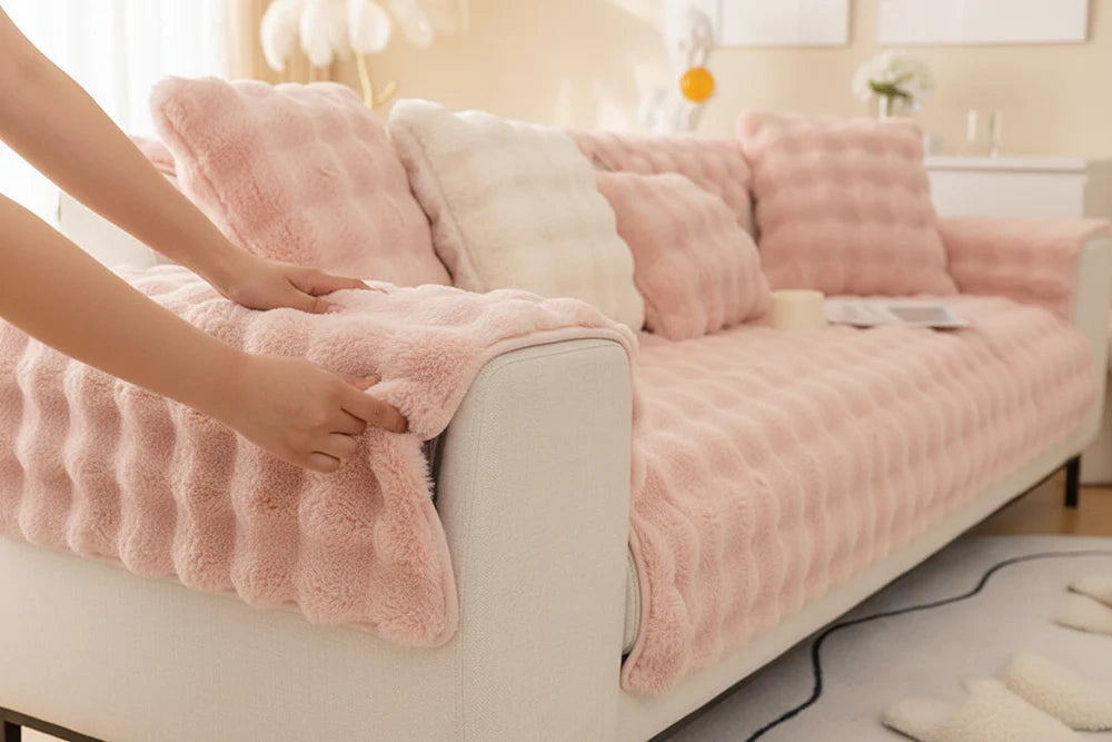 des mains replacent la housse de canapé rose en flanelle 