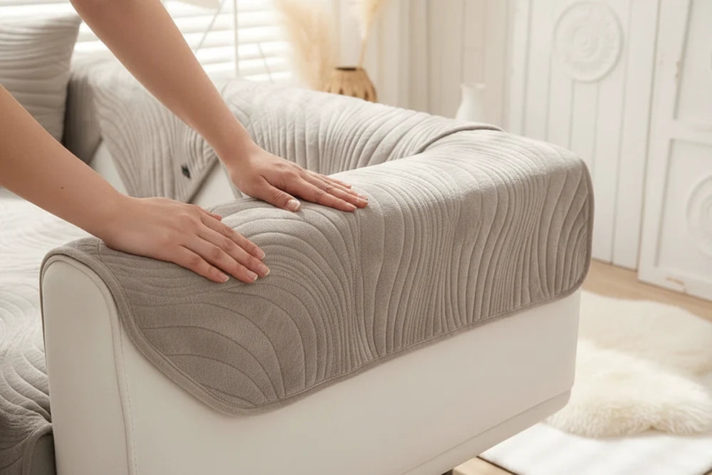 mains qui replacent la housse de canapé en chenille ondulée