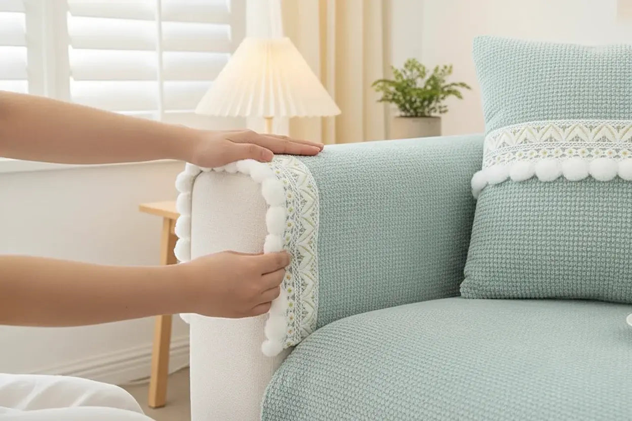 mains qui replacent la housse de canapé en chenille 