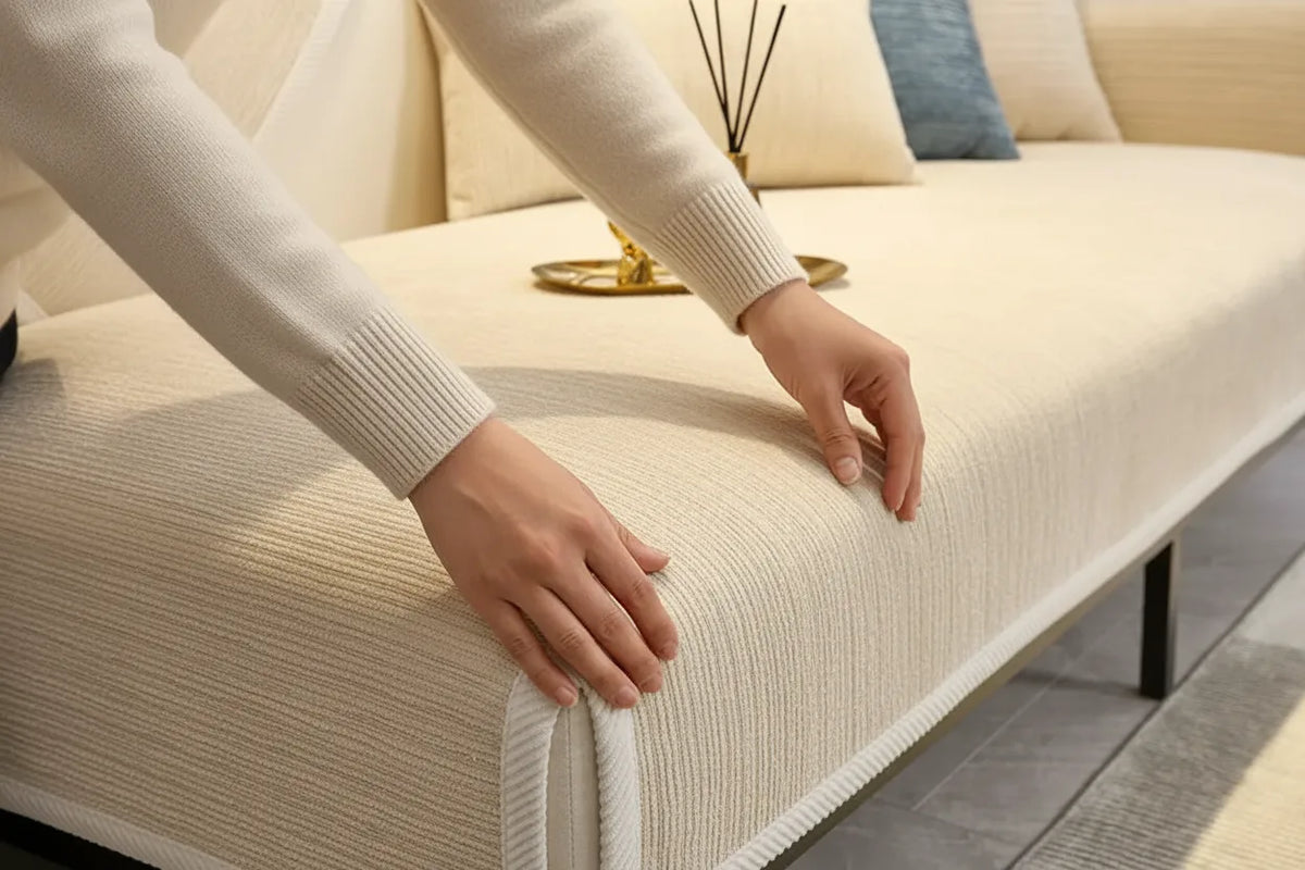 des mains replaçant une housse de canapé en chenille  Image