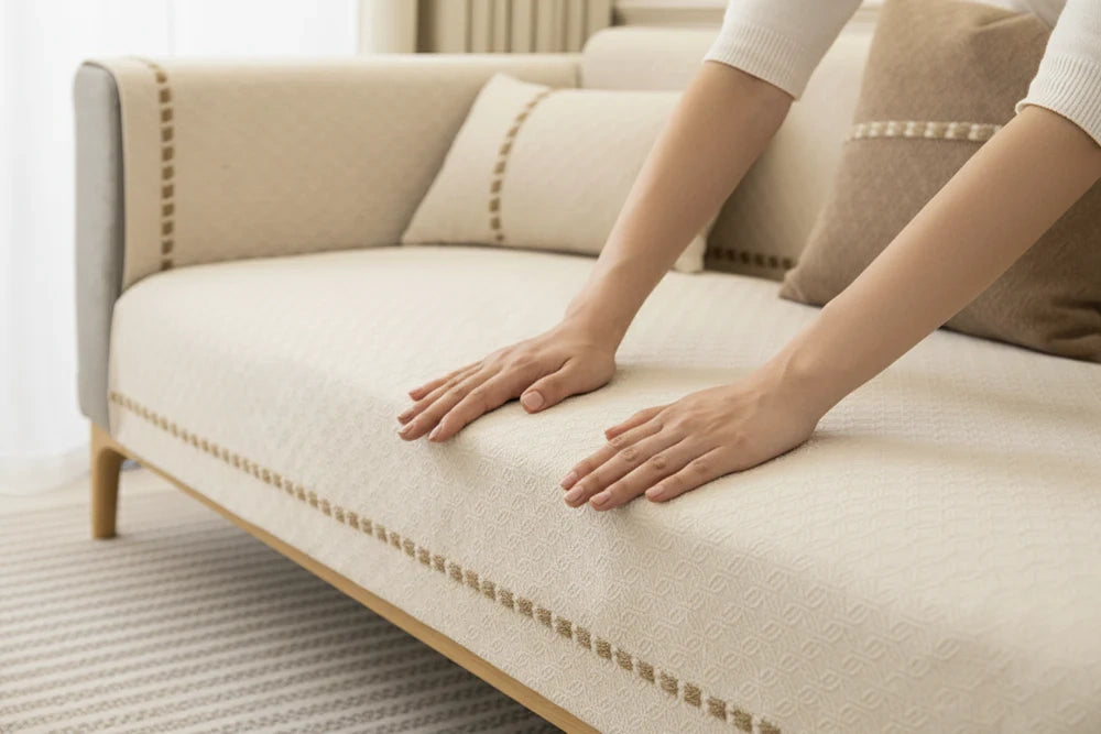 des mains replacent a housse de canapé en jacquard blanc brodée