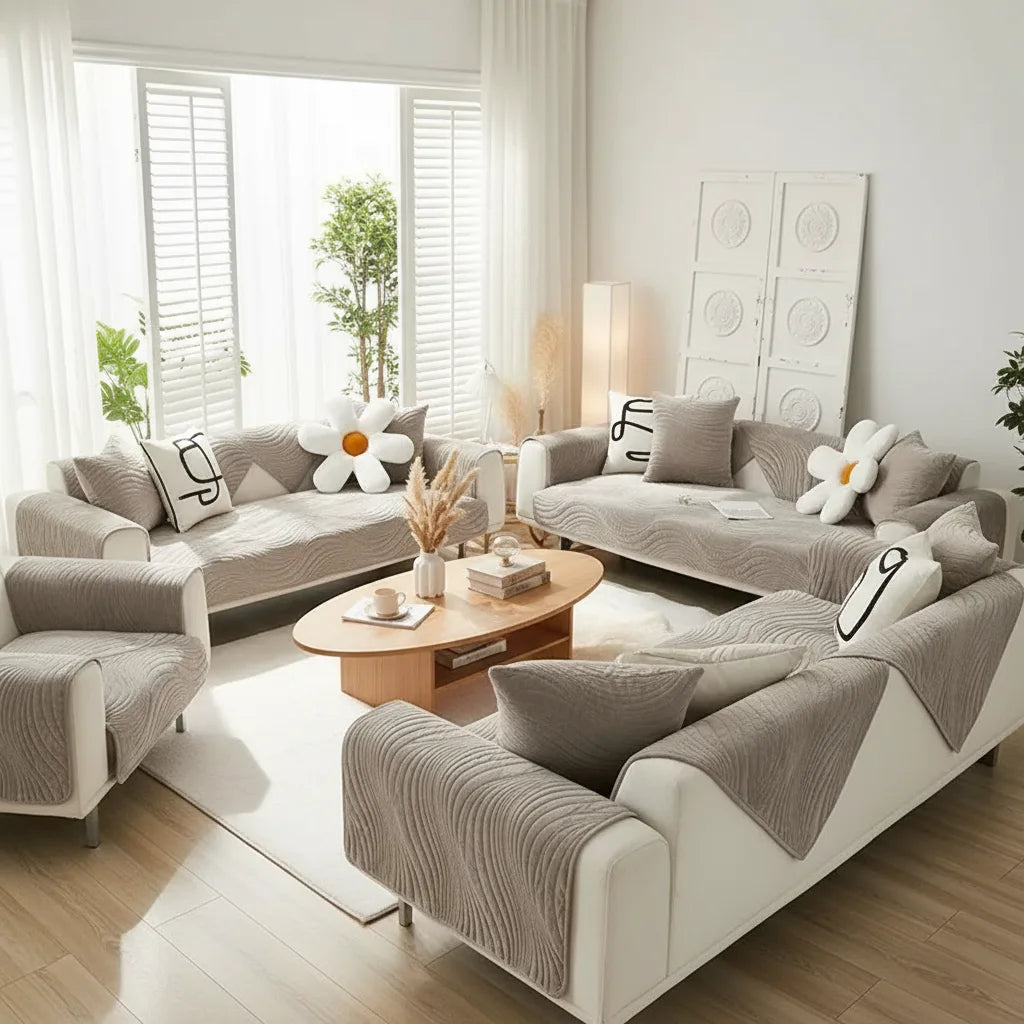 salon avec plusieurs canapé protéger par la housse de canapé fauteuil en chenille à motif ondulation brodée Image