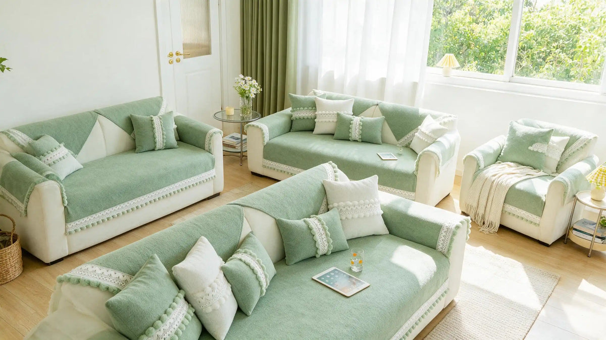 salon montrant la housse de canapé en chenille 4 sasion vert sur toutes ces dimensions Image