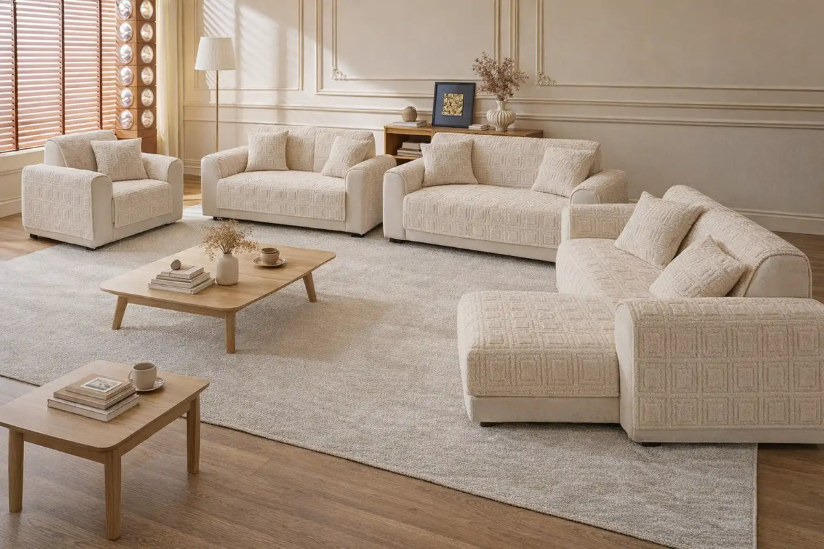 salon avec plusieurs canapé protéger par la housse de canapé chaud en peluche à motif carré Image