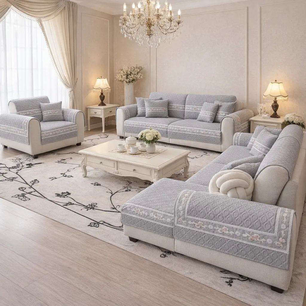 salon avec plusieurs canapé protéger par la housse de canapé fauteuil à couleur unie tissus tricoté rafraichissant Image