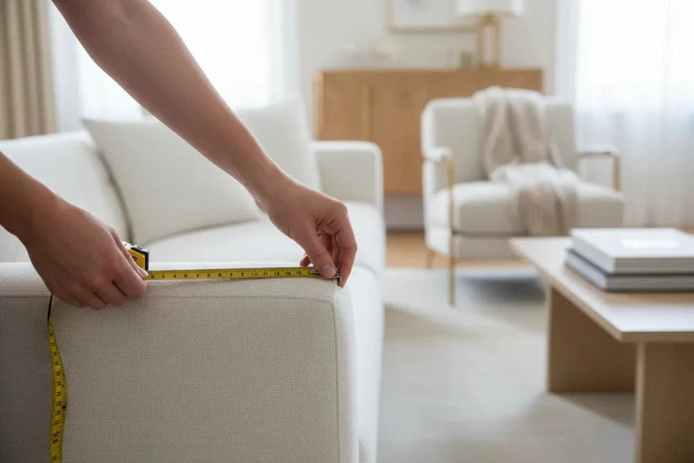 une image ou l'ont voit des mains mesurer un canapé blanc